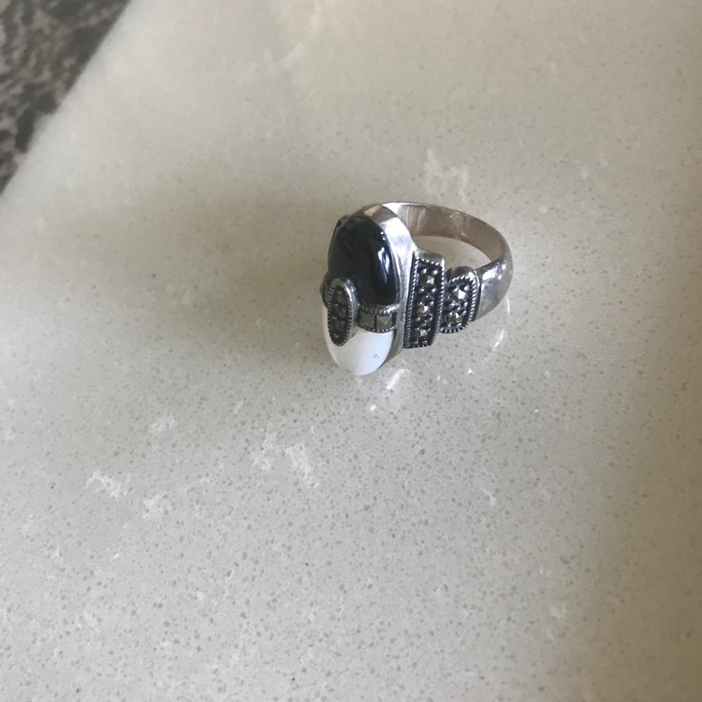 Sterling Silver Pearl / Onyx Marcasite Ring